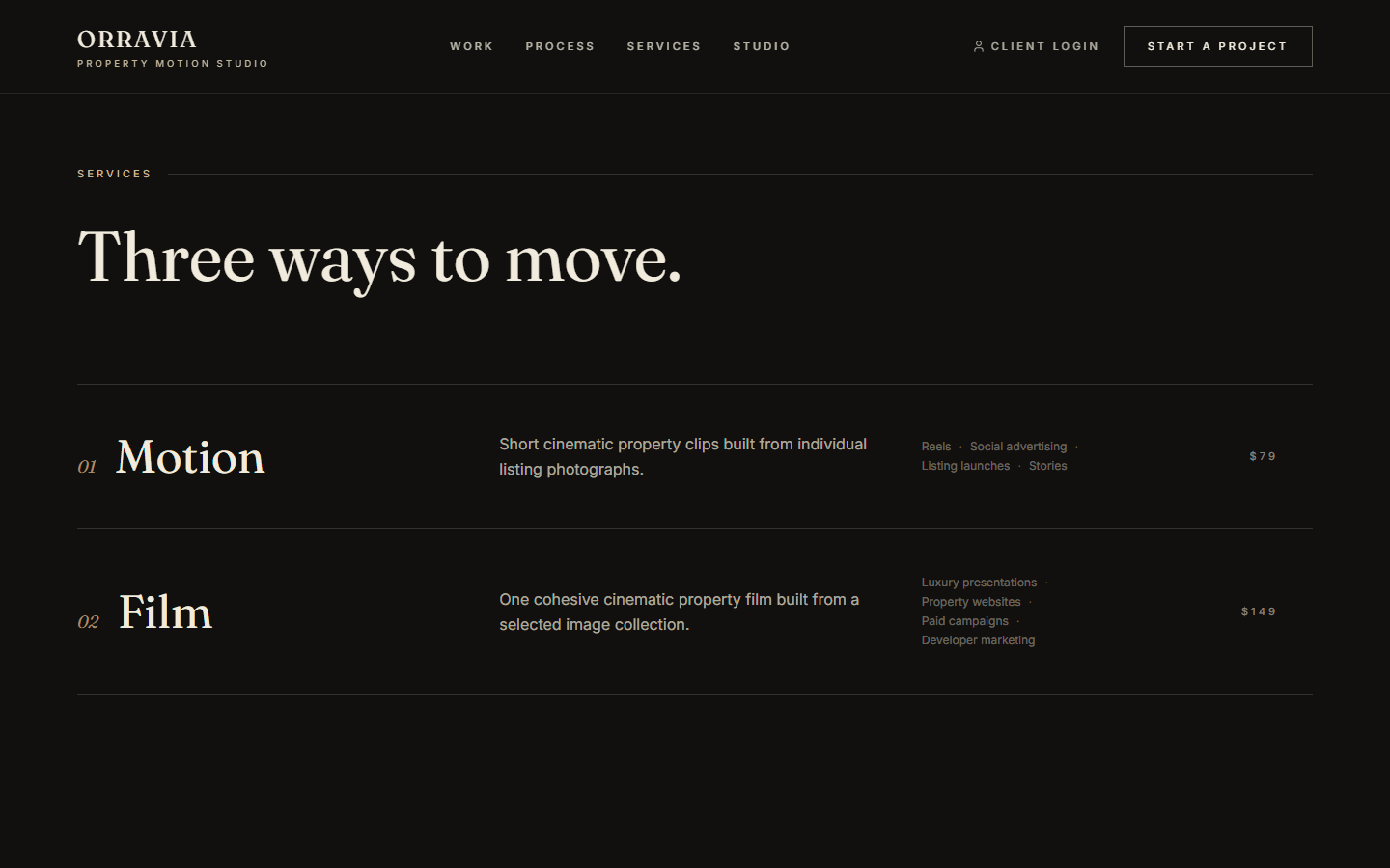 Orravia services: Motion, Film, and Complete